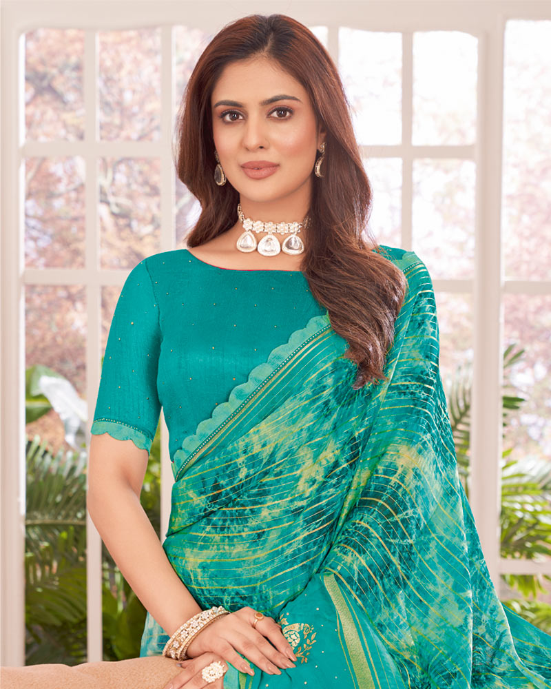 Vishal Prints Persian Green Designer Patterned Chiffon Digital Print Saree With Diamond Work, Foil Print And Weaved Viscose Patta