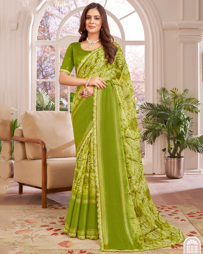 Vishal Prints Olive Green Designer Patterned Chiffon Digital Print Saree With Diamond Work And Weaved Viscose Patta