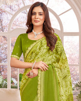 Vishal Prints Olive Green Designer Patterned Chiffon Digital Print Saree With Diamond Work And Weaved Viscose Patta