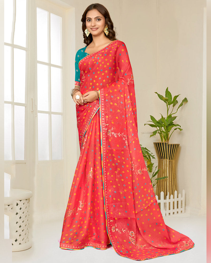 Vishal Prints Tomato Red Printed Shimmer-Chiffon Saree With Foil Print And Fancy Embroidery Border