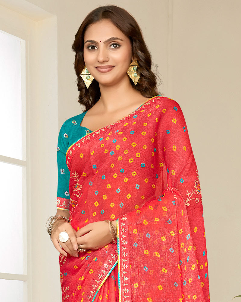 Vishal Prints Tomato Red Printed Shimmer-Chiffon Saree With Foil Print And Fancy Embroidery Border