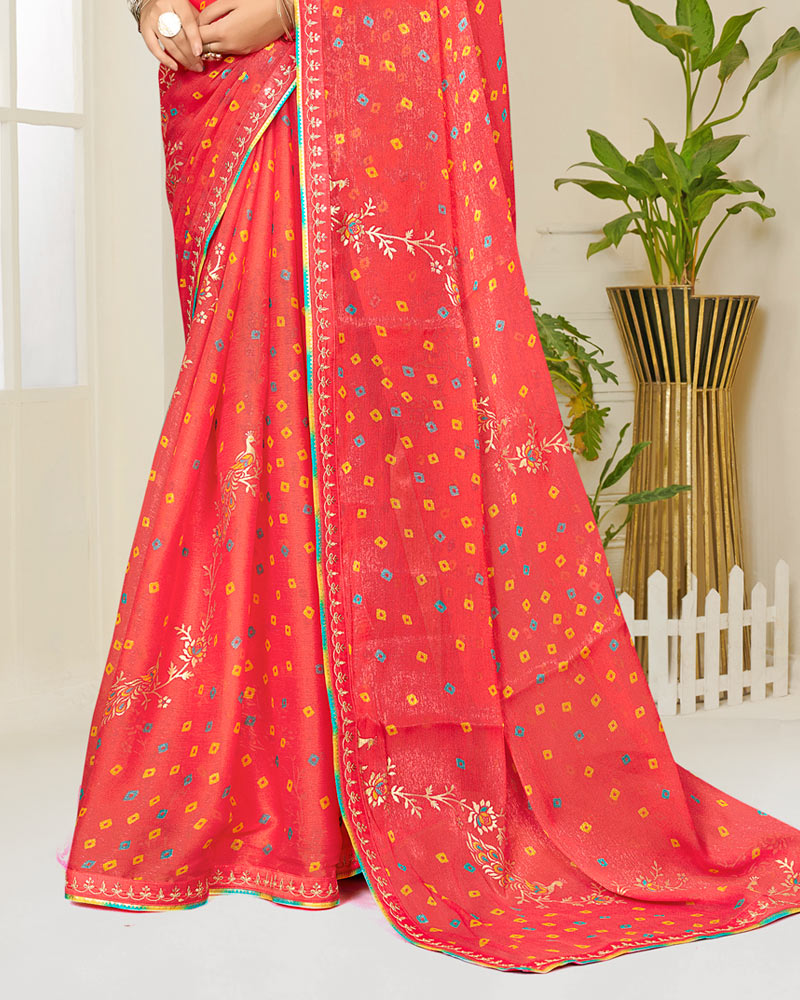 Vishal Prints Tomato Red Printed Shimmer-Chiffon Saree With Foil Print And Fancy Embroidery Border