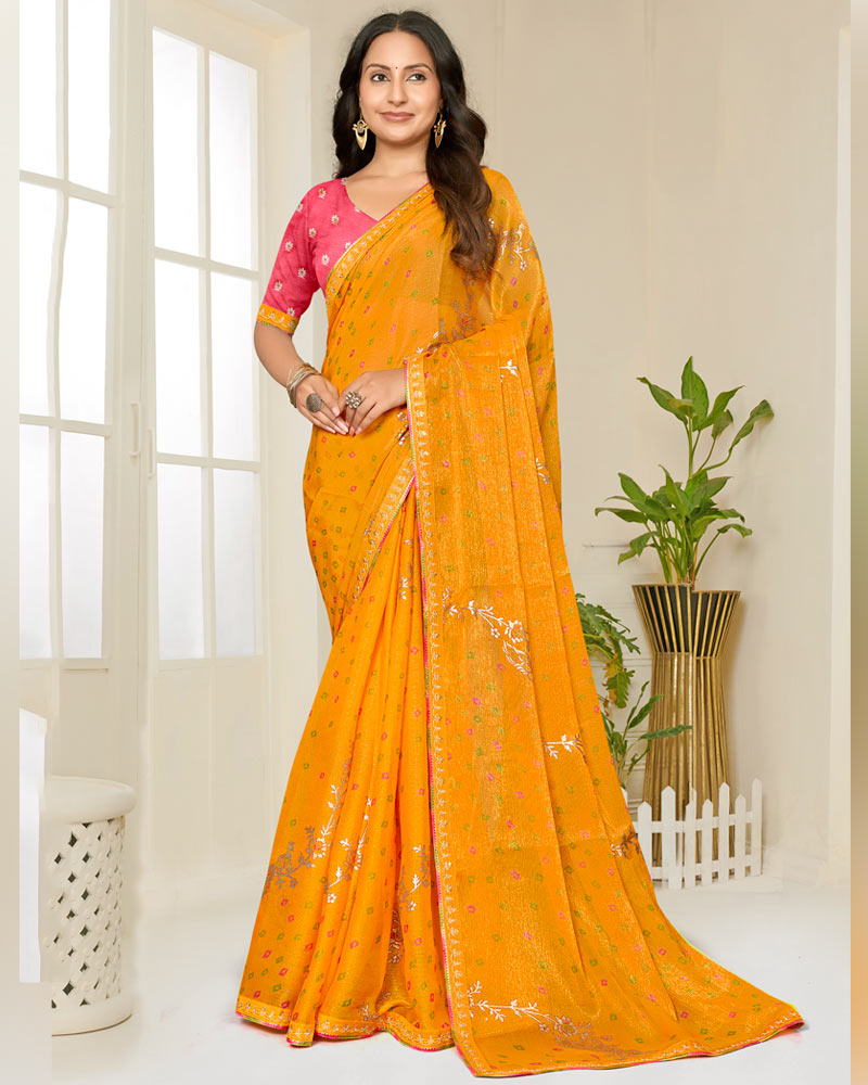 Vishal Prints Mustard Printed Shimmer-Chiffon Saree With Foil Print And Fancy Embroidery Border