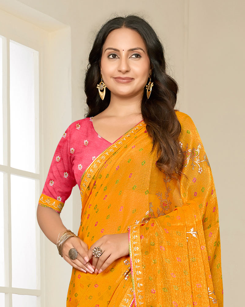 Vishal Prints Mustard Printed Shimmer-Chiffon Saree With Foil Print And Fancy Embroidery Border