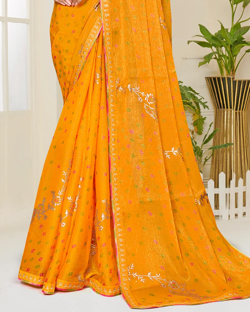 Vishal Prints Mustard Printed Shimmer-Chiffon Saree With Foil Print And Fancy Embroidery Border