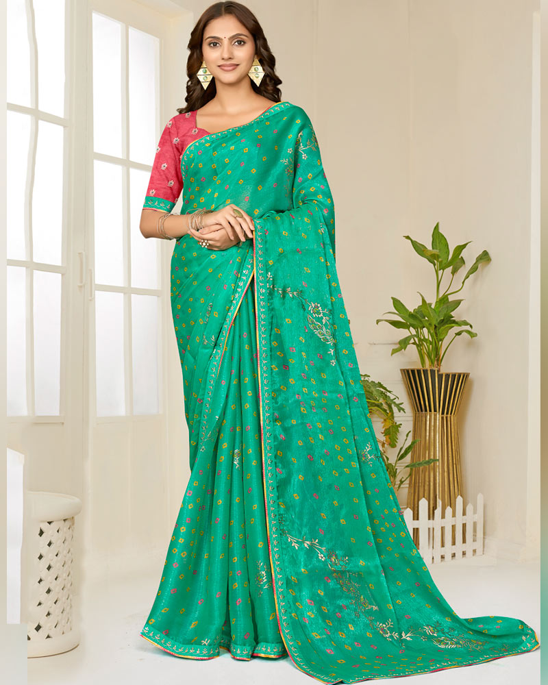 Vishal Prints Teal Green Printed Shimmer-Chiffon Saree With Foil Print And Fancy Embroidery Border