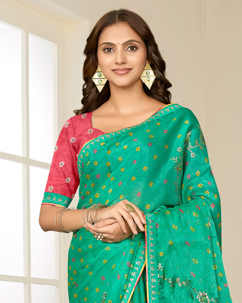 Vishal Prints Teal Green Printed Shimmer-Chiffon Saree With Foil Print And Fancy Embroidery Border