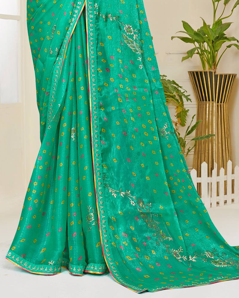 Vishal Prints Teal Green Printed Shimmer-Chiffon Saree With Foil Print And Fancy Embroidery Border