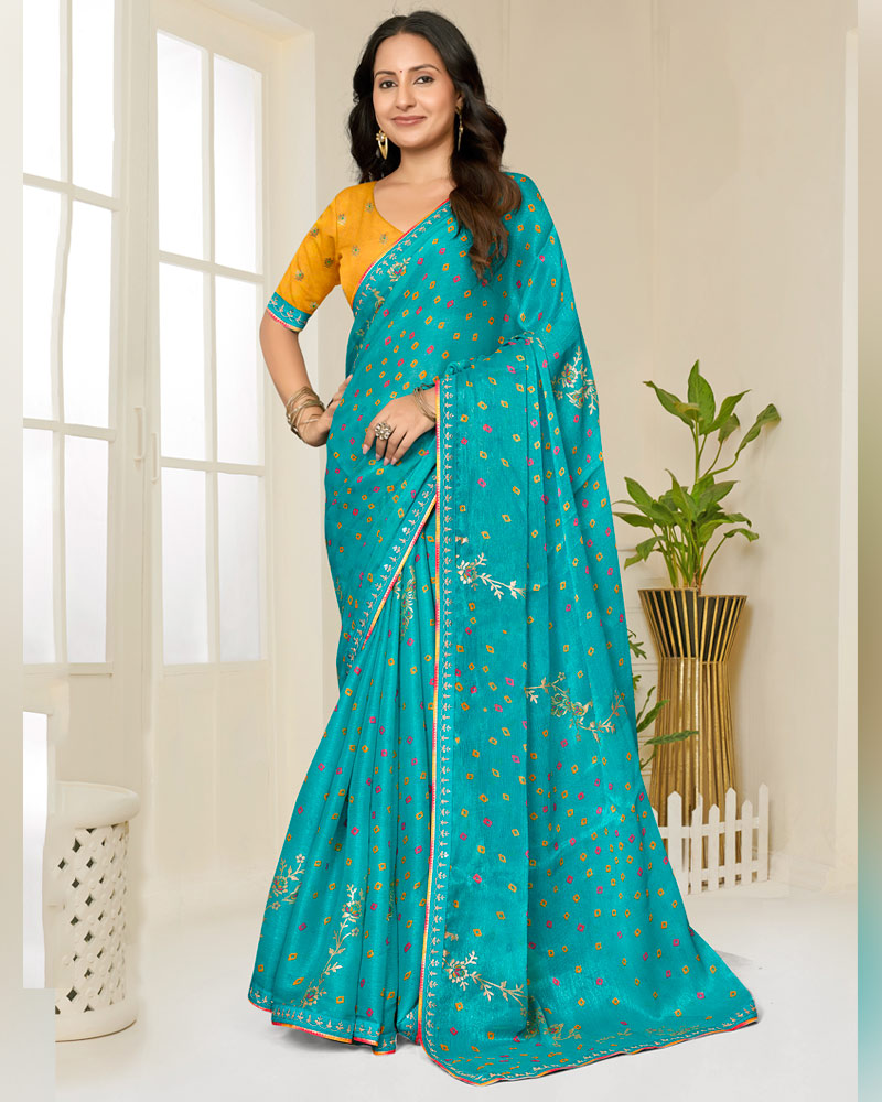 Vishal Prints Deep Sky Blue Printed Shimmer-Chiffon Saree With Foil Print And Fancy Embroidery Border