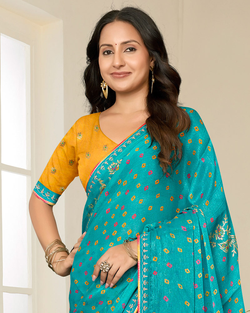 Vishal Prints Deep Sky Blue Printed Shimmer-Chiffon Saree With Foil Print And Fancy Embroidery Border