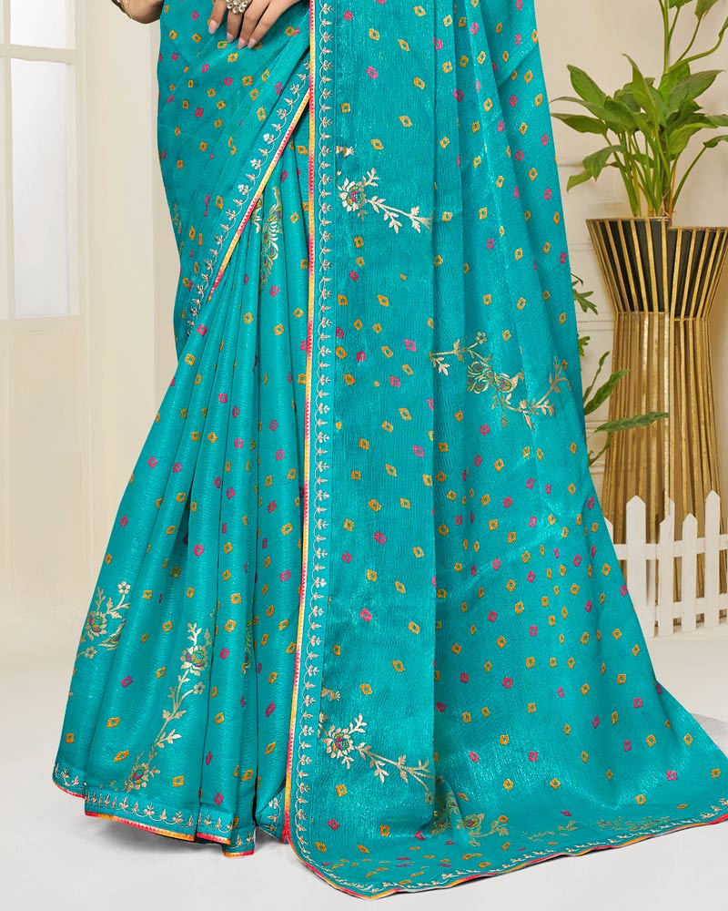 Vishal Prints Deep Sky Blue Printed Shimmer-Chiffon Saree With Foil Print And Fancy Embroidery Border