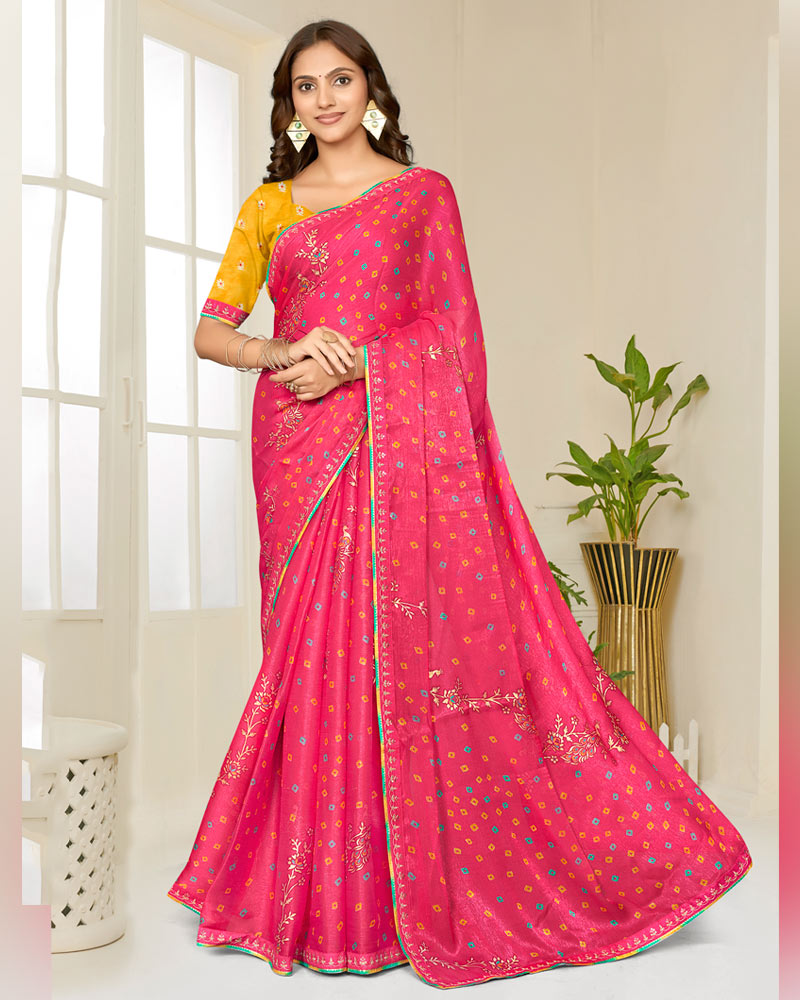 Vishal Prints Bright Fuchsia Pink Printed Shimmer-Chiffon Saree With Foil Print And Fancy Embroidery Border