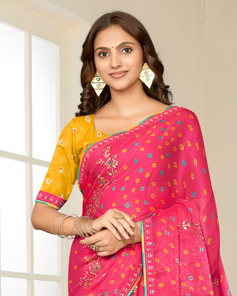 Vishal Prints Bright Fuchsia Pink Printed Shimmer-Chiffon Saree With Foil Print And Fancy Embroidery Border