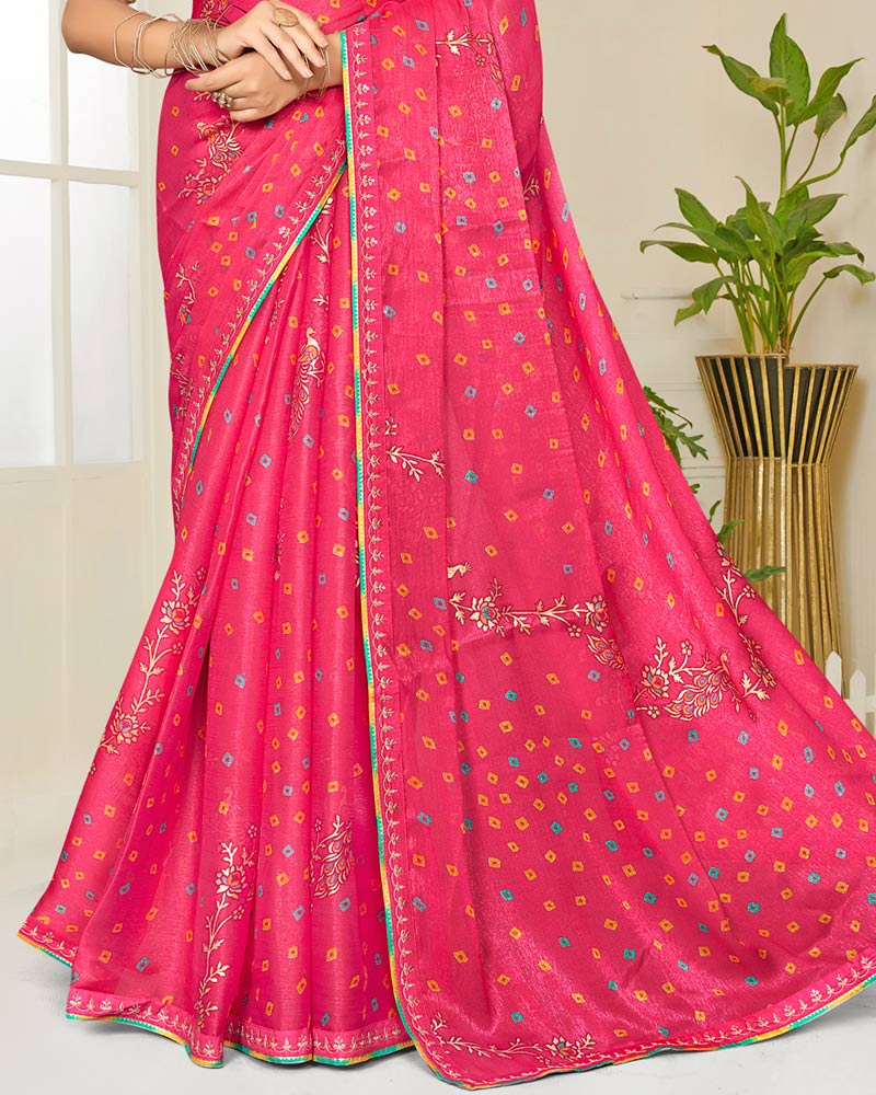 Vishal Prints Bright Fuchsia Pink Printed Shimmer-Chiffon Saree With Foil Print And Fancy Embroidery Border