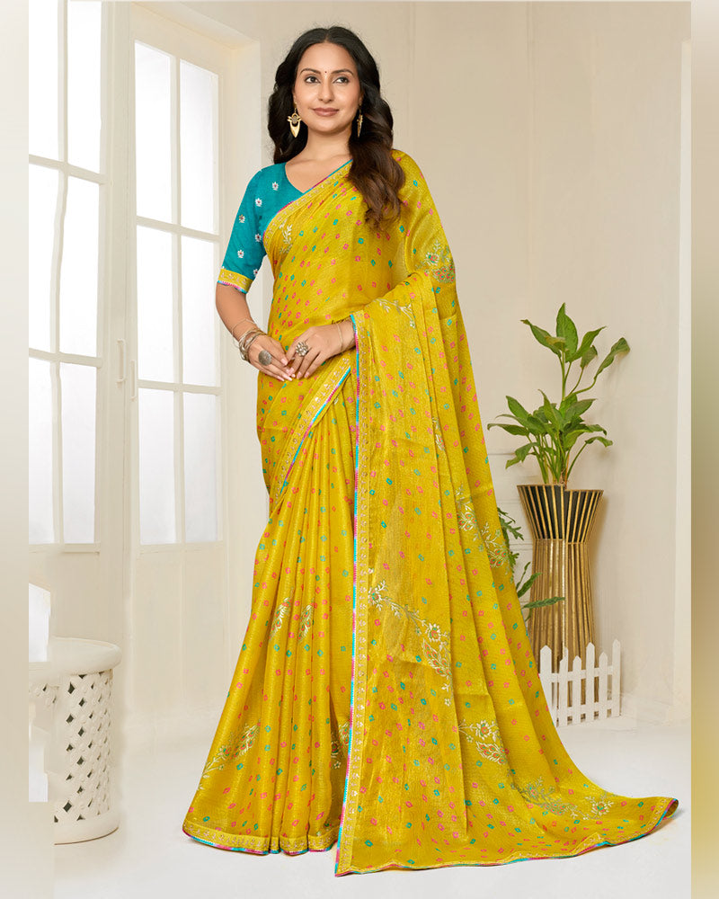 Vishal Prints Lemon Yellow Printed Shimmer-Chiffon Saree With Foil Print And Fancy Embroidery Border