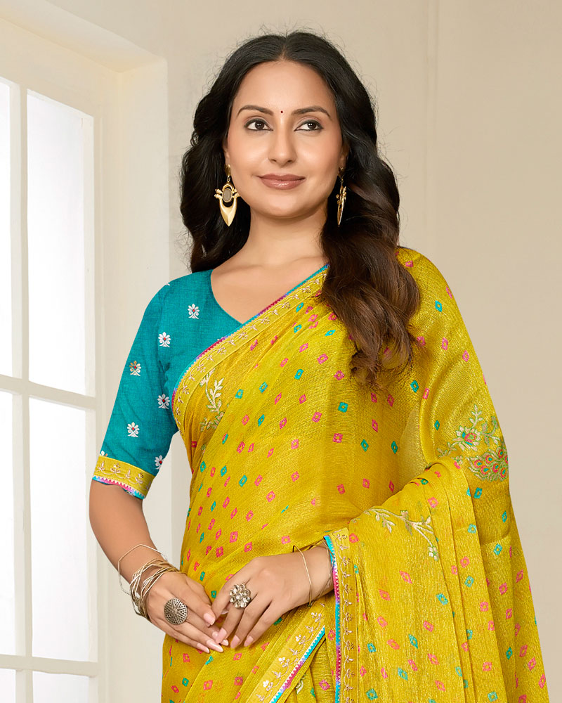 Vishal Prints Lemon Yellow Printed Shimmer-Chiffon Saree With Foil Print And Fancy Embroidery Border