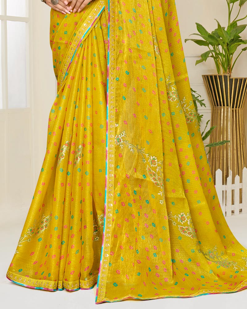 Vishal Prints Lemon Yellow Printed Shimmer-Chiffon Saree With Foil Print And Fancy Embroidery Border