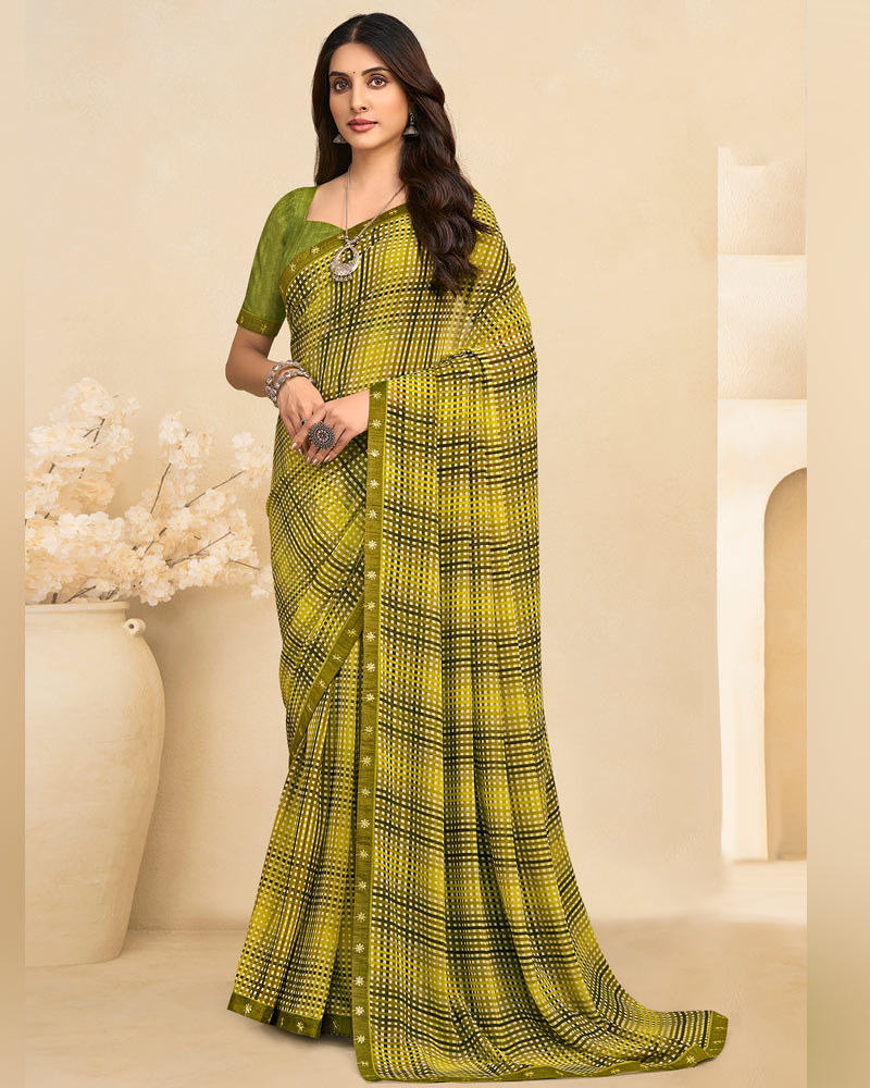 Vishal Prints Olive Yellow Printed Georgette Saree With Fancy Border