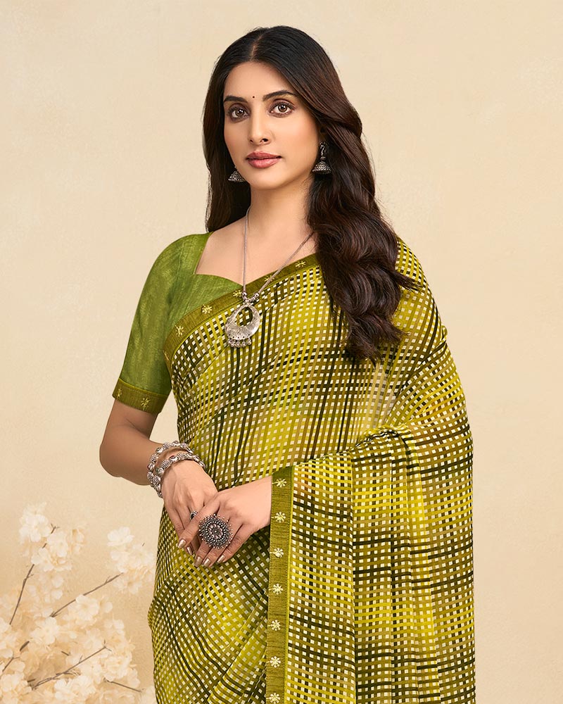 Vishal Prints Olive Yellow Printed Georgette Saree With Fancy Border