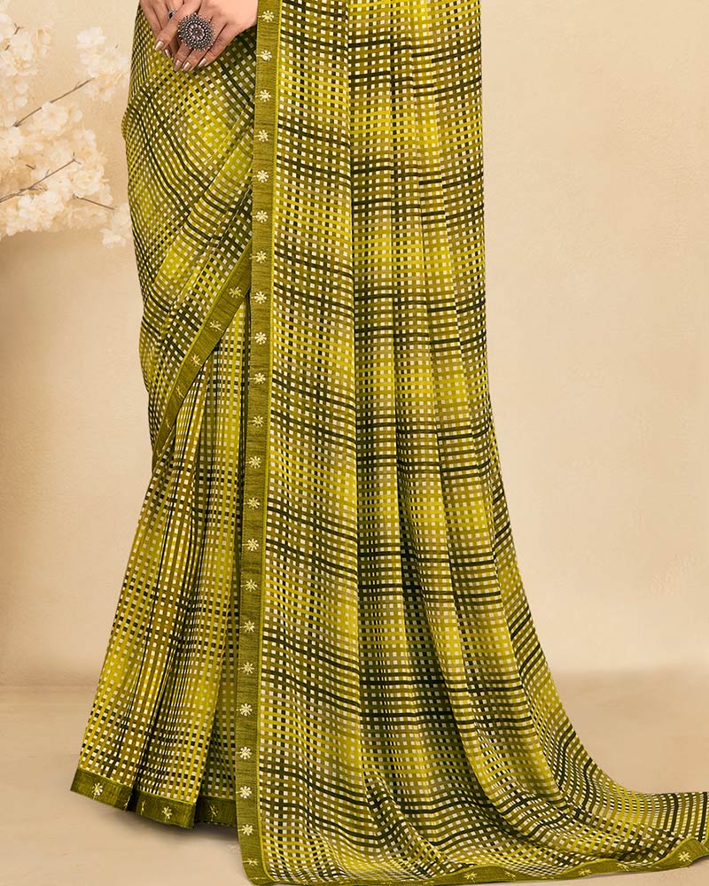 Vishal Prints Olive Yellow Printed Georgette Saree With Fancy Border