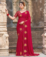 Vishal Prints Brick Red Designer Chiffon Saree With Embroidery-Diamond Work And Cut Work Border