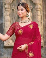 Vishal Prints Brick Red Designer Chiffon Saree With Embroidery-Diamond Work And Cut Work Border