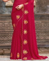 Vishal Prints Brick Red Designer Chiffon Saree With Embroidery-Diamond Work And Cut Work Border