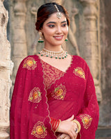 Vishal Prints Brick Red Designer Chiffon Saree With Embroidery-Diamond Work And Cut Work Border