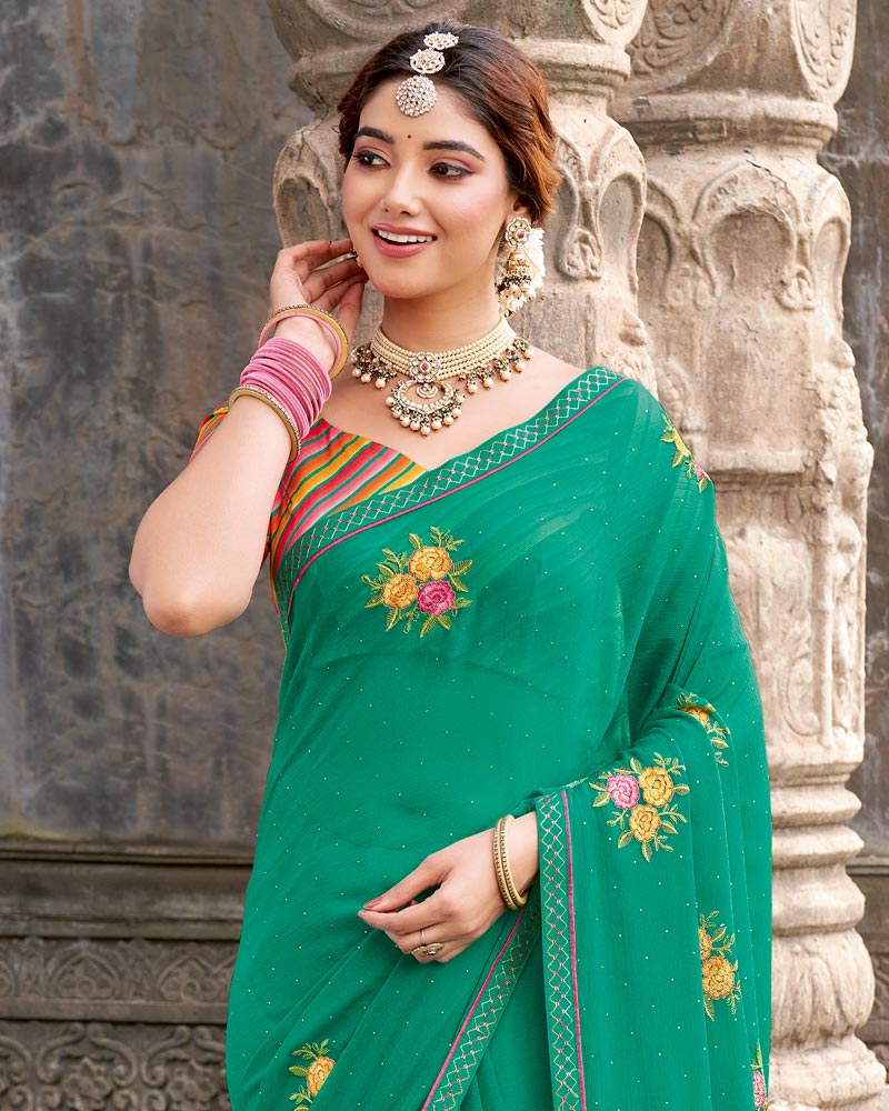 Vishal Prints Persian Green Designer Chiffon Saree With Embroidery-Diamond Work And Fancy Border
