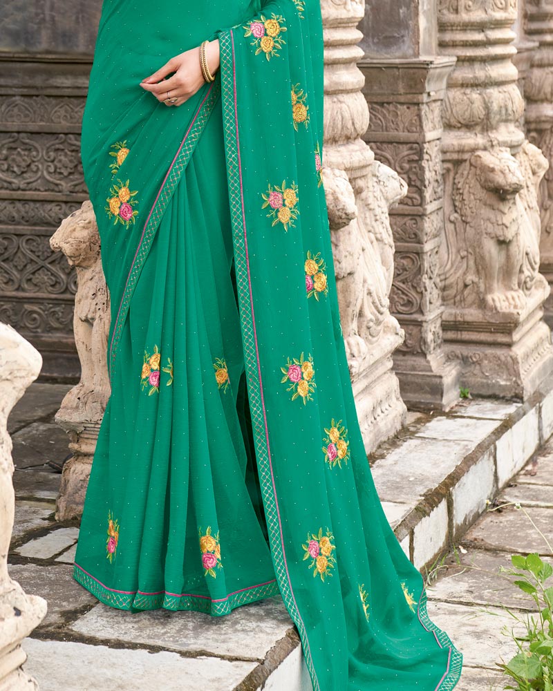 Vishal Prints Persian Green Designer Chiffon Saree With Embroidery-Diamond Work And Fancy Border