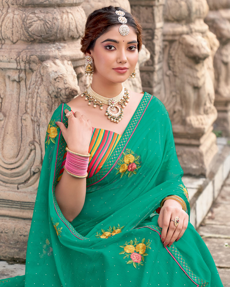 Vishal Prints Persian Green Designer Chiffon Saree With Embroidery-Diamond Work And Fancy Border