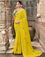 Vishal Prints Bright Mustard Yellow Designer Chiffon Saree With Embroidery-Diamond Work And Fancy Border
