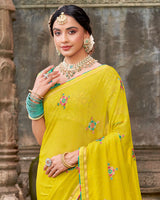 Vishal Prints Bright Mustard Yellow Designer Chiffon Saree With Embroidery-Diamond Work And Fancy Border