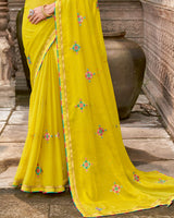 Vishal Prints Bright Mustard Yellow Designer Chiffon Saree With Embroidery-Diamond Work And Fancy Border