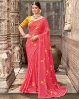 Vishal Prints Watermelon Pink Designer Chiffon Saree With Embroidery-Diamond Work And Fancy Border