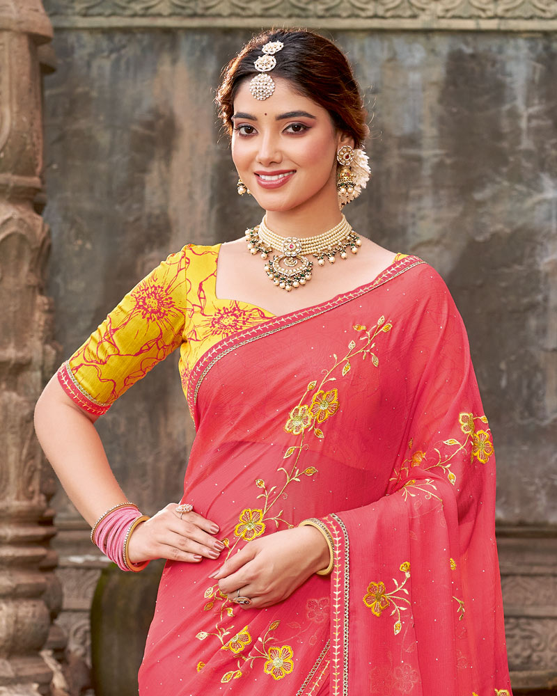 Vishal Prints Watermelon Pink Designer Chiffon Saree With Embroidery-Diamond Work And Fancy Border