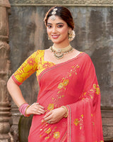 Vishal Prints Watermelon Pink Designer Chiffon Saree With Embroidery-Diamond Work And Fancy Border