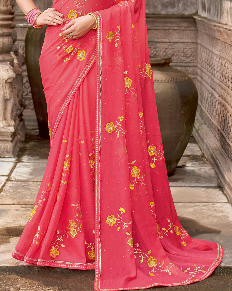 Vishal Prints Watermelon Pink Designer Chiffon Saree With Embroidery-Diamond Work And Fancy Border