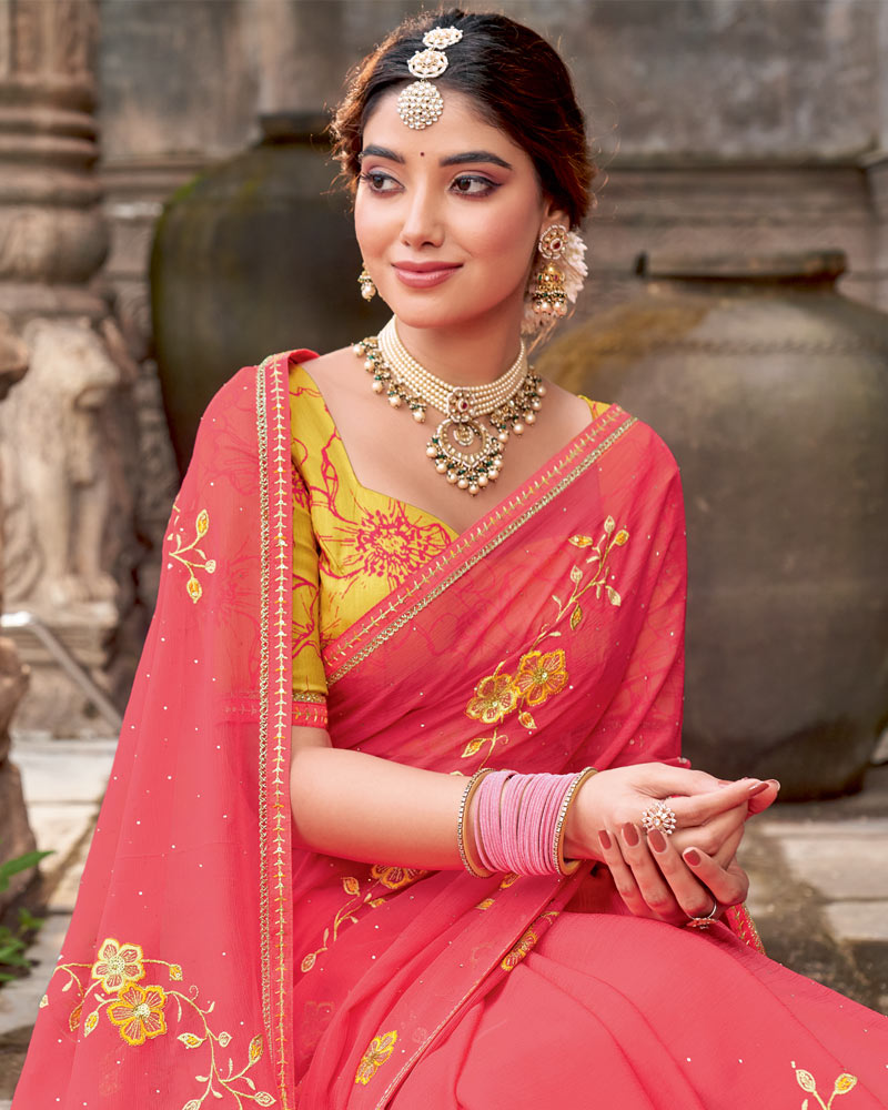 Vishal Prints Watermelon Pink Designer Chiffon Saree With Embroidery-Diamond Work And Fancy Border