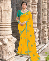 Vishal Prints Yellowish Orange Designer Chiffon Saree With Embroidery-Diamond Work And Fancy Border