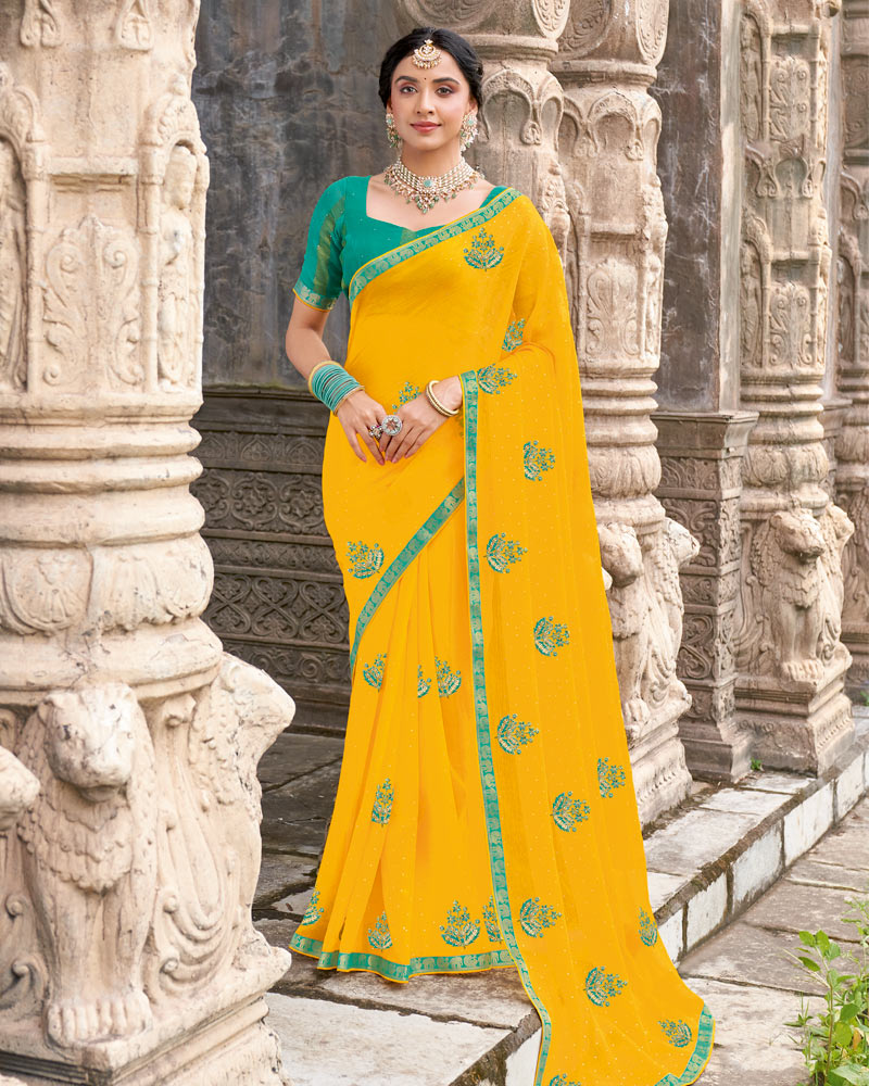 Vishal Prints Yellowish Orange Designer Chiffon Saree With Embroidery-Diamond Work And Fancy Border