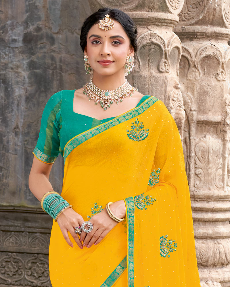Vishal Prints Yellowish Orange Designer Chiffon Saree With Embroidery-Diamond Work And Fancy Border