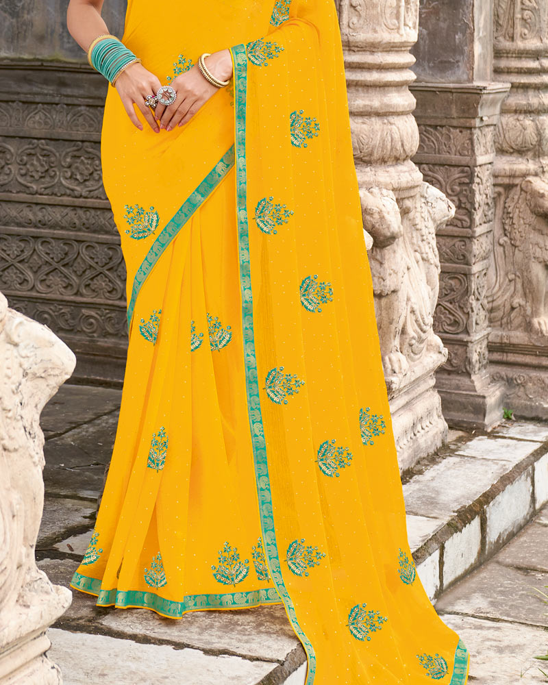 Vishal Prints Yellowish Orange Designer Chiffon Saree With Embroidery-Diamond Work And Fancy Border