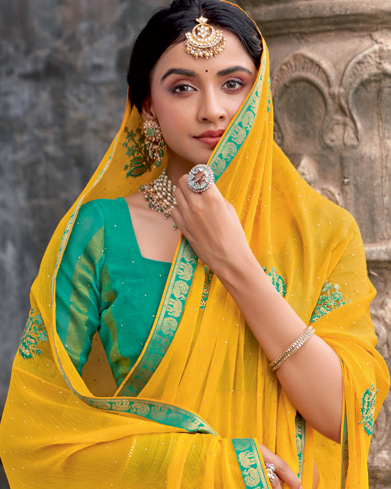 Vishal Prints Yellowish Orange Designer Chiffon Saree With Embroidery-Diamond Work And Fancy Border