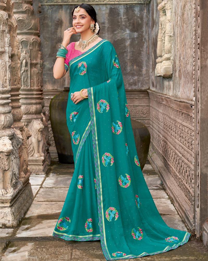 Vishal Prints Deep Aqua Green Designer Chiffon Saree With Embroidery-Diamond Work And Fancy Border