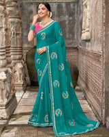 Vishal Prints Deep Aqua Green Designer Chiffon Saree With Embroidery-Diamond Work And Fancy Border
