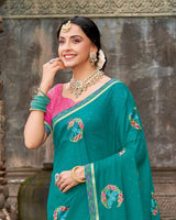 Vishal Prints Deep Aqua Green Designer Chiffon Saree With Embroidery-Diamond Work And Fancy Border