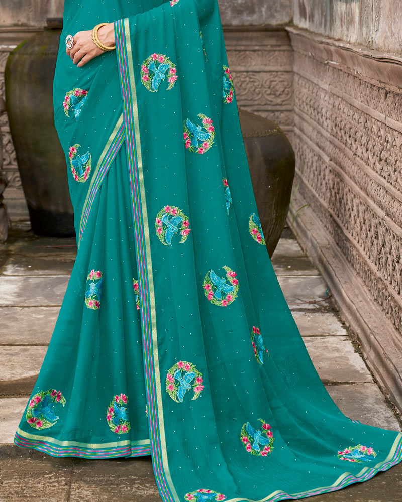 Vishal Prints Deep Aqua Green Designer Chiffon Saree With Embroidery-Diamond Work And Fancy Border