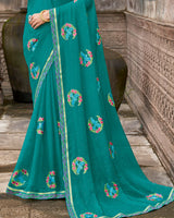 Vishal Prints Deep Aqua Green Designer Chiffon Saree With Embroidery-Diamond Work And Fancy Border