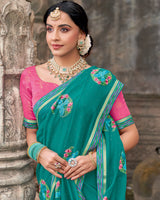 Vishal Prints Deep Aqua Green Designer Chiffon Saree With Embroidery-Diamond Work And Fancy Border